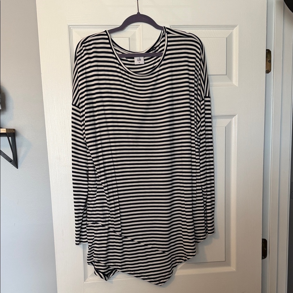 CAbi Navy and White Asymmetric Striped Long Sleeve Top